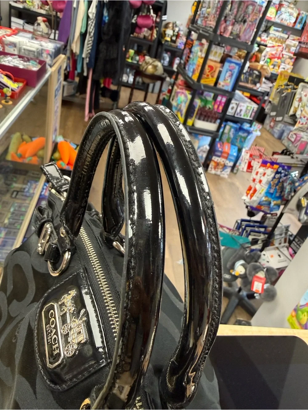 Coach Y2K Black Signature 'C' Satchel with Patent Trim
